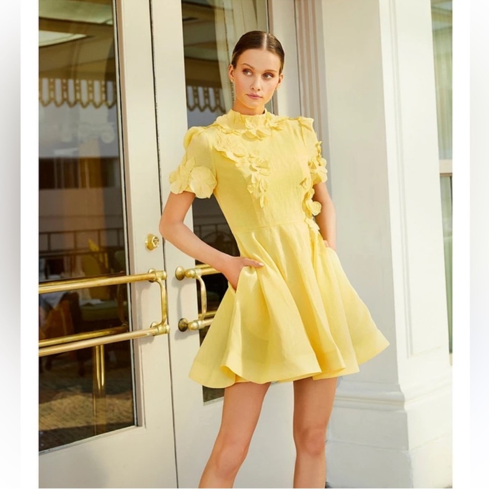 ANTONIO MELANI Yellow Floral-Appliqué Mini Dress